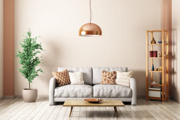 Un salon minimaliste sous les tons camel et beige. Une décoration parfaite pour un intérieur moderne