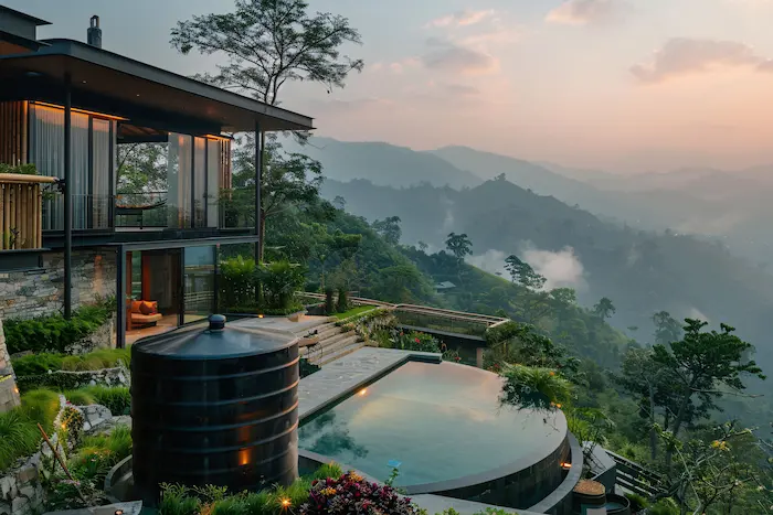 Villa moderne avec piscine privée à Ubud, Bali, entourée de rizières.