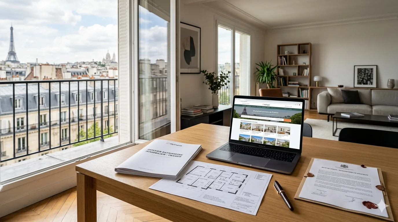 documents notariaux, plans immobiliers et ordinateur portable ouvert sur un dossier immobilier français