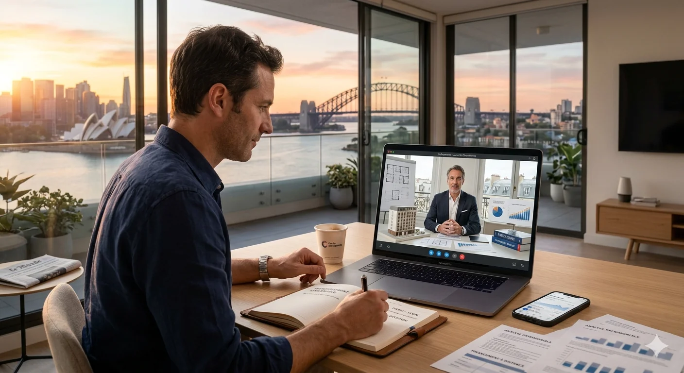 un expatrié ayant une discussion en ligne avec un expert immobilier de Myexpat pour investir dans un immobilier locatif à distance