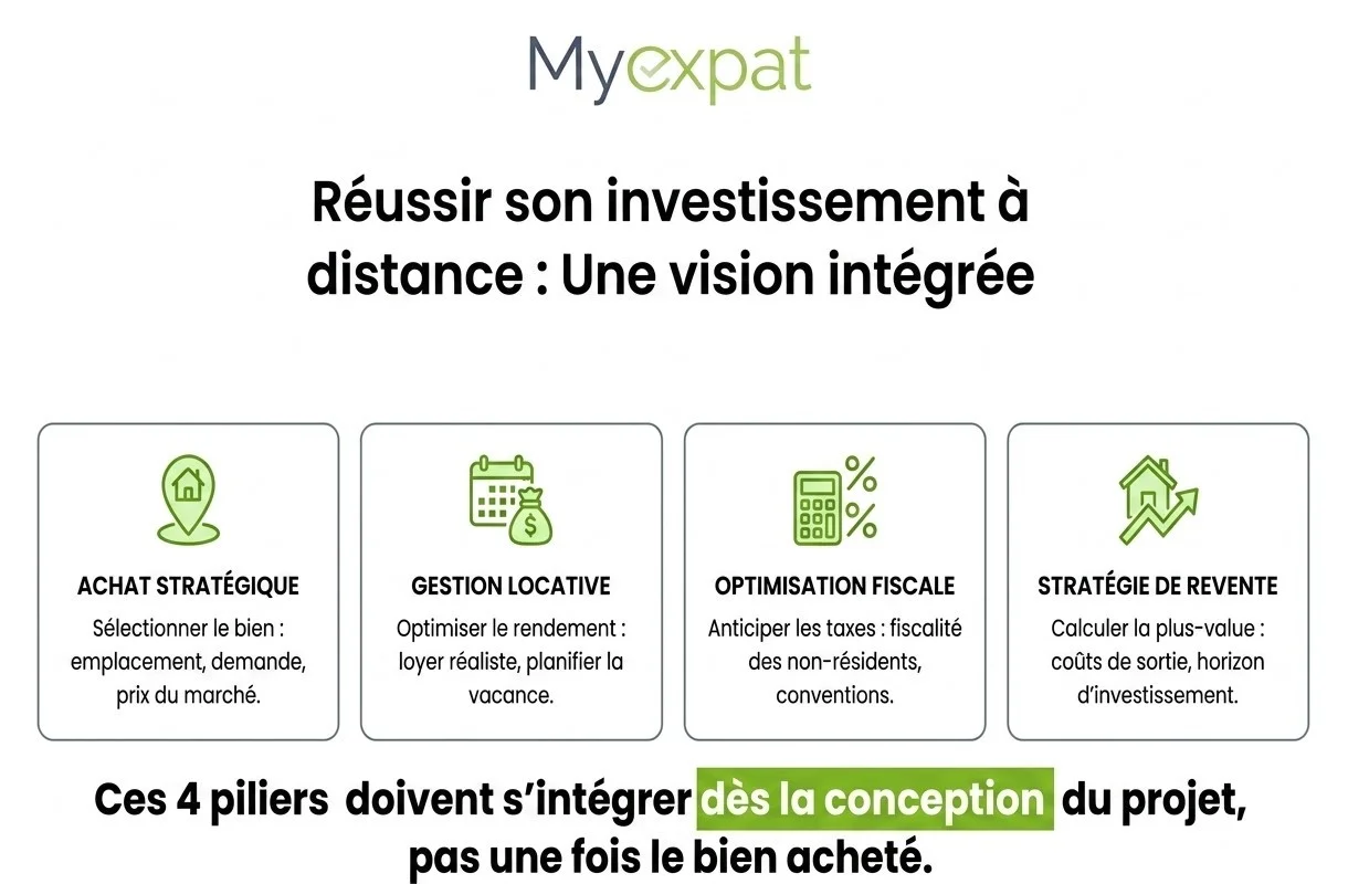 Investir depuis l'étranger suppose de penser simultanément l'achat, la location, la fiscalité et la revente du bien : ces contraintes s'intègrent dès la conception du projet, pas une fois le bien acheté.