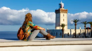 Une femme assise sur le bord d'une muraille se demandant dans quoi investir au maroc .